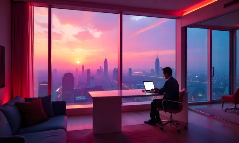 A man sitting at a window in a futuristic hotel room